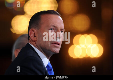 Singapore. 29th June, 2015. Australian Prime Minister Tony Abbott attends the 35th Singapore Lecture in Singapore's Shangri-La Hotel, June 29, 2015. © Then Chih Wey/Xinhua/Alamy Live News Stock Photo