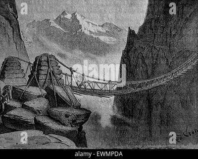 Incan Rope Bridge. Incan Empire. Andes Mountains. Engraving by Rodolfo ...