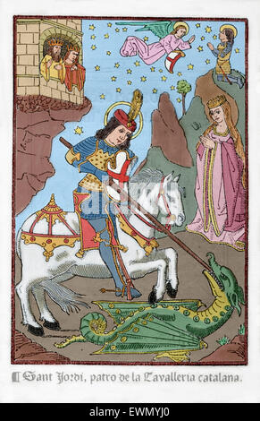 Saint George (c,275/281-303). Christian martyr. Engraving depicting St George as a young armored man fighting the dragon in a work by Ramon Llull. After a manuscript of 15th century. Colored. Stock Photo