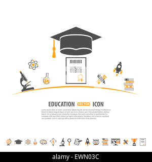 Online Education and E-learning concept with Icon Set for Flyer, Poster, Web Site. illustration. Stock Photo