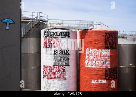 Art installation by artist Askew One during Art Week 2012, includes quotes from, C.K. Stead’s poem ‘Auckland’ on Wynyard Quarter Stock Photo