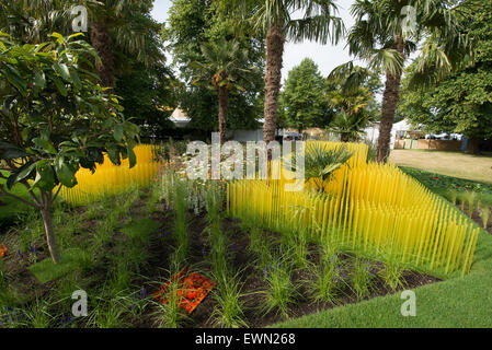 Hampton Court Palace, Surrey, UK. 29th June, 2015. 25th year of the RHS Hampton Court Palace Flower Show, the world’s largest flower show, with themed events marking the anniversary. The show runs from 30th June till 5th July 2015. The World Vision Garden designed by John Warland and inspired by the beauty of Cambodia. Credit:  Malcolm Park editorial/Alamy Live News Stock Photo