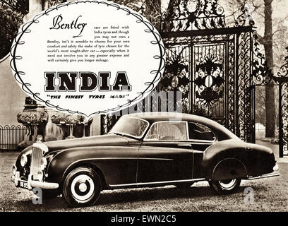 1950s advertisement circa 1954 magazine advert for India Tyres fitted to Bentley car Stock Photo