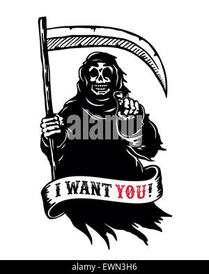 Grim reaper with scythe in dark hooded cloak, death pointing finger. I want you dead! black and white vector Stock Vector
