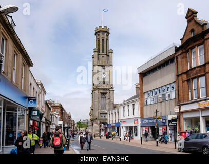 The Wallace Tower 1832 and shops busy with shoppers in the High Street, Ayr, South Ayrshire, Strathclyde, Scotland, UK, Britain, Stock Photo