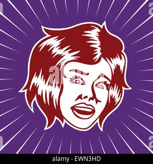 Vintage scared terrified woman face looking at something shocking vector illustration Stock Vector