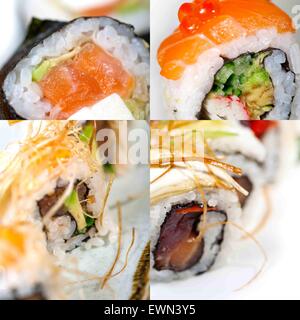 selection of many Japanese sushi dish collage over white frame Stock Photo