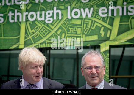 London, UK. 29th June, 2015. Sir Peter Hendy CBE (R), commissioner of transport joins Mayor Boris Johnson (L) in launching a world-first zero emission electric double-decker bus trial at global Clean Bus Summit Credit:  Guy Corbishley/Alamy Live News Stock Photo