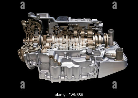 Modern car engine and gear box isolated With clipping path, cross section Stock Photo