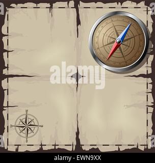 Steel detailed compass over old map. Vector EPS10. Stock Vector