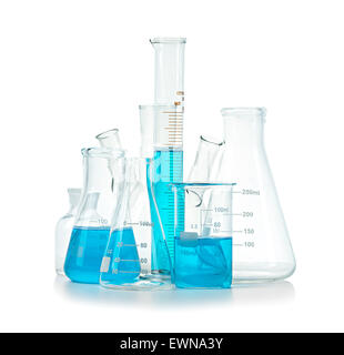 Test-tubes, flasks with blue liquid isolated on white Stock Photo