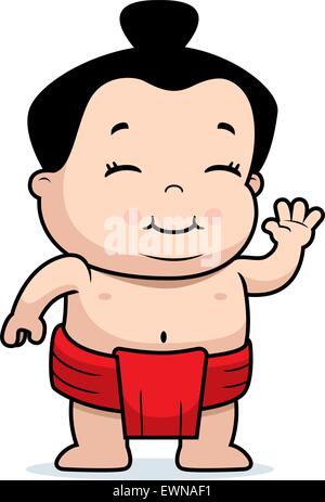 A happy cartoon little sumo wrestler waving and smiling. Stock Vector