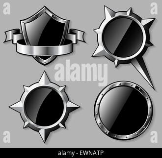 Set of steel glossy shields and compass roses. Vector illustration. Stock Vector
