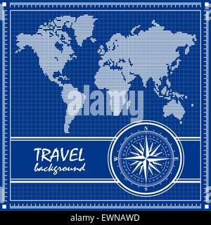 Blueprint. Travel background with dotted world map and compass rose. Vector illustration. Stock Vector