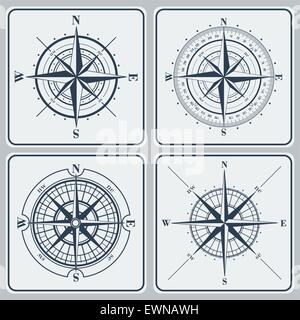 Set of compass roses (windroses) . Vector illustration. Stock Vector