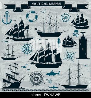 Set of sailing ships with nautical design elements. Vector. No trace. Stock Vector