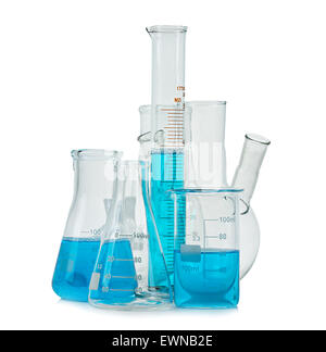 Test-tubes, flasks with blue liquid isolated on white Stock Photo