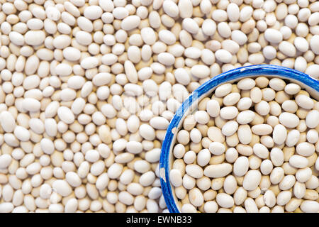 white kidney beans background with focus on small blue cup fragment Stock Photo