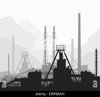 Mineral fertilizers plant over great mountain range. Black and white detailed vector illustration of large of manufacturing plan Stock Vector