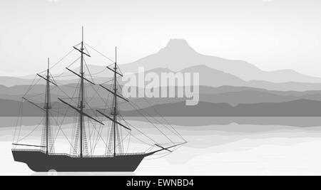 Landscape with detailed old ship and mountains view. Black and white illustration. Stock Vector