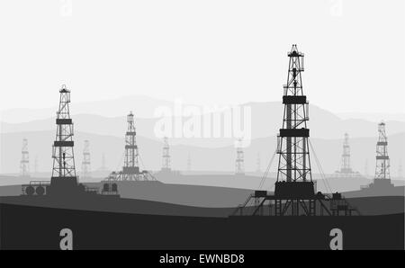 Oil rigs at large oilfield over mountain range. Detailed vector illustration. Stock Vector