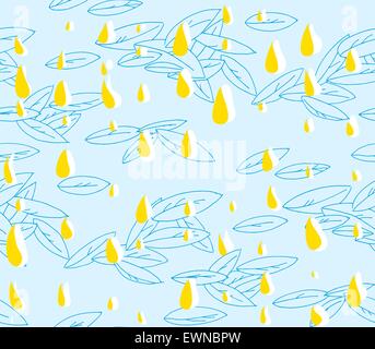Hand-drawn abstract seamless pattern. Colorful shapes of leaves and rain drops Stock Vector