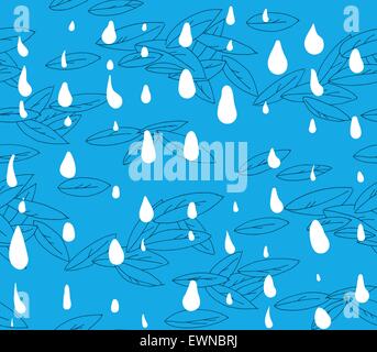 Hand-drawn abstract seamless pattern. Colorful shapes of leaves and rain drops Stock Vector