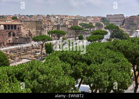 The Roman Forum is a rectangular forum at the center of the city of Rome Stock Photo