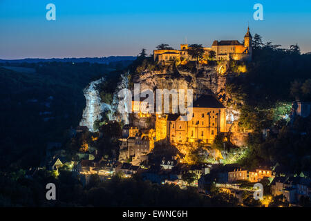 Twilight in Rocamadour, Pilgrimage site, Departement Lot, Midi Pyrenees South west France Europe Stock Photo