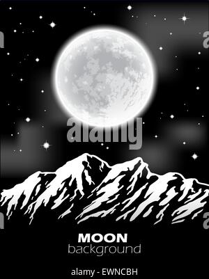 Full Moon over mountains. Night landscape. Vector illustration. Stock Vector