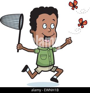 A happy cartoon boy chasing butterflies with a net. Stock Vector