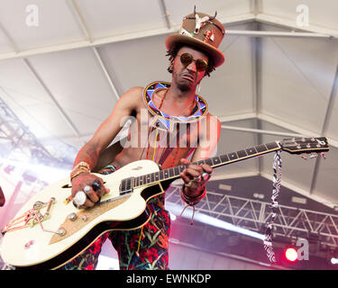 Manchester, Tennessee, USA. 14th June, 2015. The guitarist for The Very Best performs live on stage at the Bonnaroo Arts and Music Festival in Manchester, Tennessee © Daniel DeSlover/ZUMA Wire/Alamy Live News Stock Photo