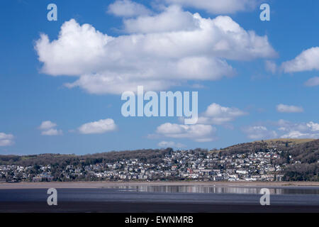 View over the Kent estuary to Grange-over-Sands, Cumbria. Stock Photo