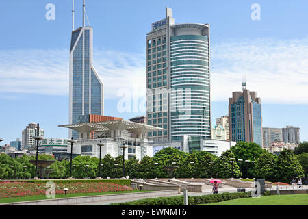 Fountain with people and children, People's Square, Municipal Government Building, Shanghai Municipality ,China skyline city Stock Photo
