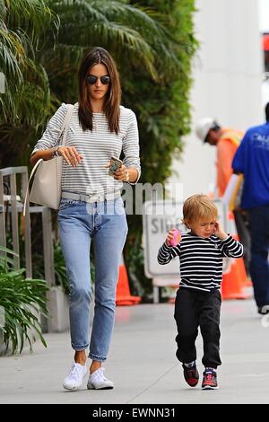 Alessandra Ambrosio goes to lunch in Brentwood with her son skipping alongside  Featuring: Alessandra Ambrosio Where: Los Angeles, California, United States When: 23 Apr 2015 Stock Photo