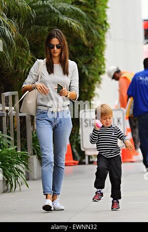 Alessandra Ambrosio goes to lunch in Brentwood with her son skipping alongside  Featuring: Alessandra Ambrosio Where: Los Angeles, California, United States When: 23 Apr 2015 Stock Photo