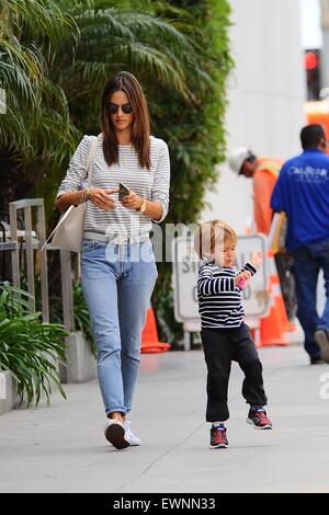 Alessandra Ambrosio goes to lunch in Brentwood with her son skipping alongside  Featuring: Alessandra Ambrosio Where: Los Angeles, California, United States When: 23 Apr 2015 Stock Photo