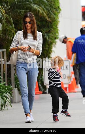 Alessandra Ambrosio goes to lunch in Brentwood with her son skipping alongside  Featuring: Alessandra Ambrosio Where: Los Angeles, California, United States When: 23 Apr 2015 Stock Photo