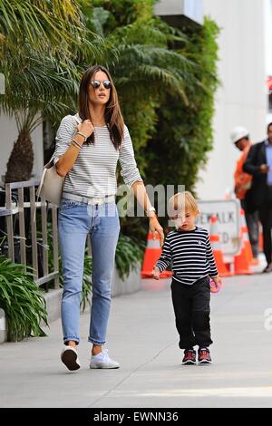 Alessandra Ambrosio goes to lunch in Brentwood with her son skipping alongside  Featuring: Alessandra Ambrosio Where: Los Angeles, California, United States When: 23 Apr 2015 Stock Photo