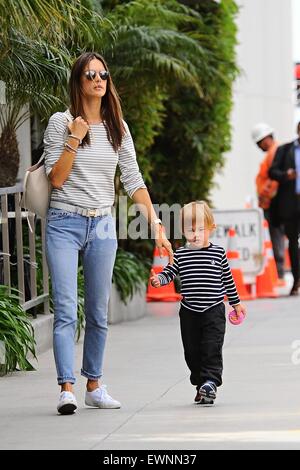 Alessandra Ambrosio goes to lunch in Brentwood with her son skipping alongside  Featuring: Alessandra Ambrosio Where: Los Angeles, California, United States When: 23 Apr 2015 Stock Photo