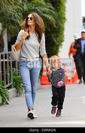 Alessandra Ambrosio goes to lunch in Brentwood with her son skipping alongside  Featuring: Alessandra Ambrosio Where: Los Angeles, California, United States When: 23 Apr 2015 Stock Photo