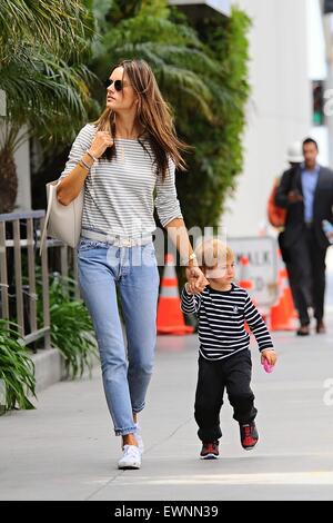 Alessandra Ambrosio goes to lunch in Brentwood with her son skipping alongside  Featuring: Alessandra Ambrosio Where: Los Angeles, California, United States When: 23 Apr 2015 Stock Photo