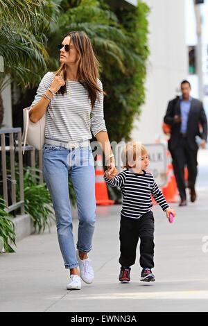 Alessandra Ambrosio goes to lunch in Brentwood with her son skipping alongside  Featuring: Alessandra Ambrosio Where: Los Angeles, California, United States When: 23 Apr 2015 Stock Photo