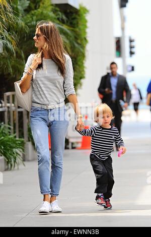 Alessandra Ambrosio goes to lunch in Brentwood with her son skipping alongside  Featuring: Alessandra Ambrosio Where: Los Angeles, California, United States When: 23 Apr 2015 Stock Photo