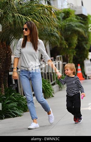 Alessandra Ambrosio goes to lunch in Brentwood with her son skipping alongside  Featuring: Alessandra Ambrosio Where: Los Angeles, California, United States When: 23 Apr 2015 Stock Photo