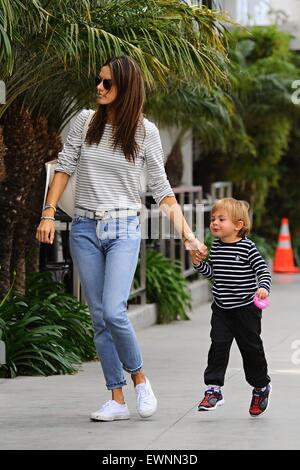 Alessandra Ambrosio goes to lunch in Brentwood with her son skipping alongside  Featuring: Alessandra Ambrosio Where: Los Angeles, California, United States When: 23 Apr 2015 Stock Photo