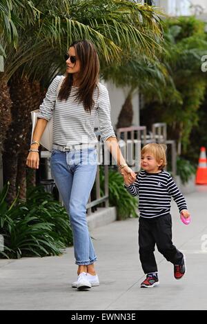 Alessandra Ambrosio goes to lunch in Brentwood with her son skipping alongside  Featuring: Alessandra Ambrosio Where: Los Angeles, California, United States When: 23 Apr 2015 Stock Photo