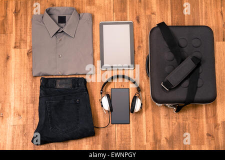 Informal male outfit with electronics, background Stock Photo