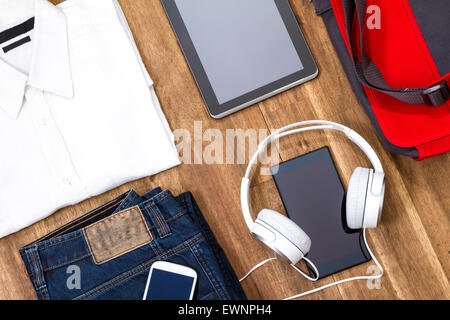 Informal male outfit with electronics, background Stock Photo