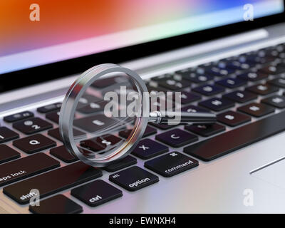 3d rendering of laptop computer with magnifying glass, concept of search Stock Photo